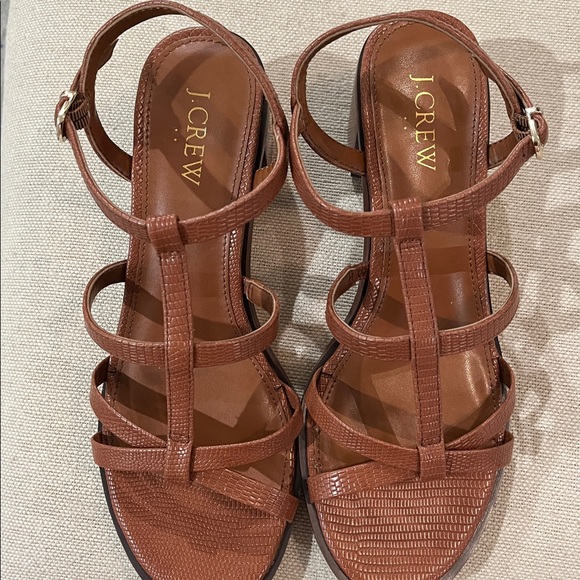 J. Crew Brown Lizard Textured T-strap Heeled Sandals/NWOT/7.5M - Picture 5 of 10